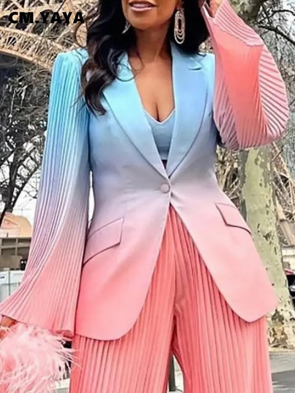 CM.YAYA Costum blazer elegant cu imprimeu în gradient pentru femei Set pantaloni largi cu pliuri largi INS Două seturi 2 piese Outfits Femme