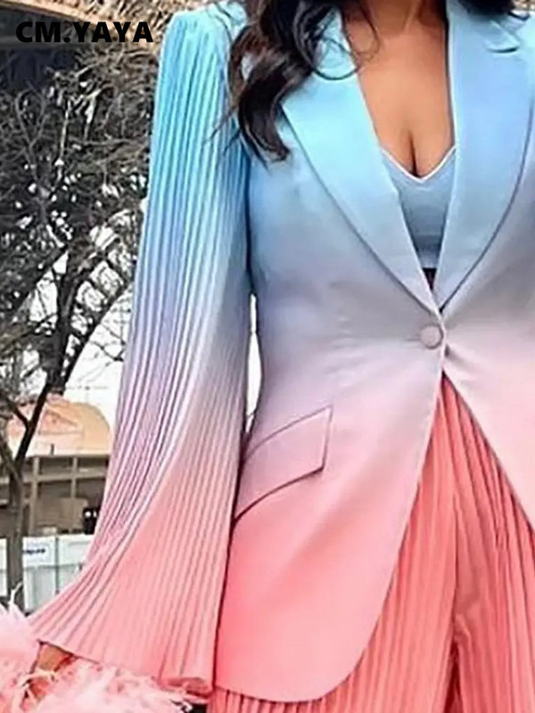 CM.YAYA Costum blazer elegant cu imprimeu în gradient pentru femei Set pantaloni largi cu pliuri largi INS Două seturi 2 piese Outfits Femme