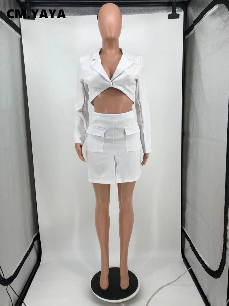 CM.YAYA Costum blazer pentru femei pentru vara 2022, elegantă, pe stradă, fustă mini în linie A, negru, alb, albastru deschis, set asortat ținute
