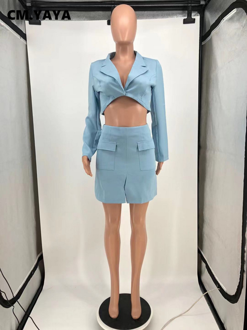 CM.YAYA Costum blazer pentru femei pentru vara 2022, elegantă, pe stradă, fustă mini în linie A, negru, alb, albastru deschis, set asortat ținute
