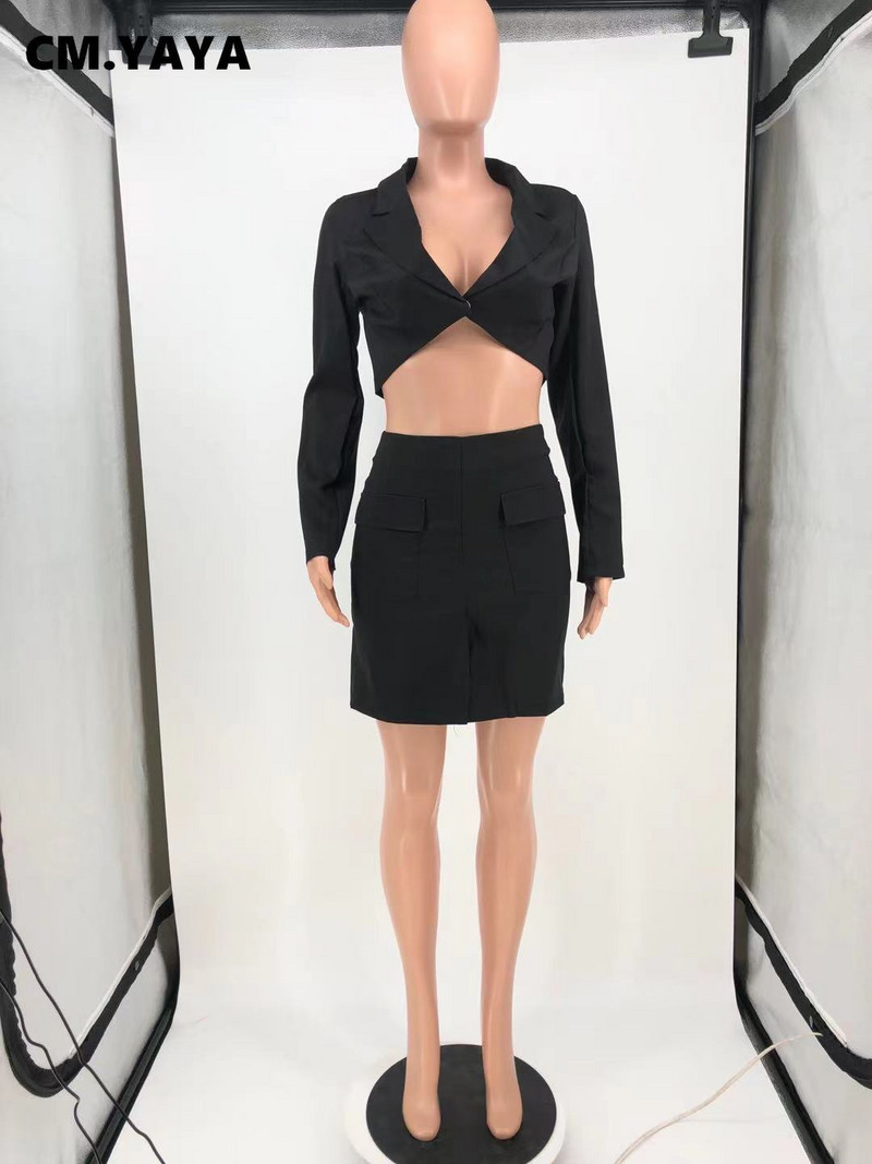 CM.YAYA Costum blazer pentru femei pentru vara 2022, elegantă, pe stradă, fustă mini în linie A, negru, alb, albastru deschis, set asortat ținute