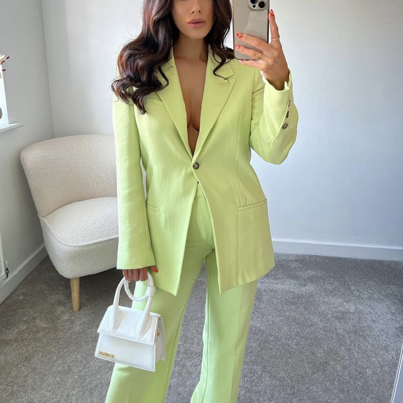 Γυναικείο κομψό ανοιχτό πράσινο φαρδύ κοστούμι blazer 2022 Ανοιξιάτικο κομψό γυναικείο μασίφ ίσιο κοστούμι γυναικείο σετ αγώνων μεγάλου μεγέθους