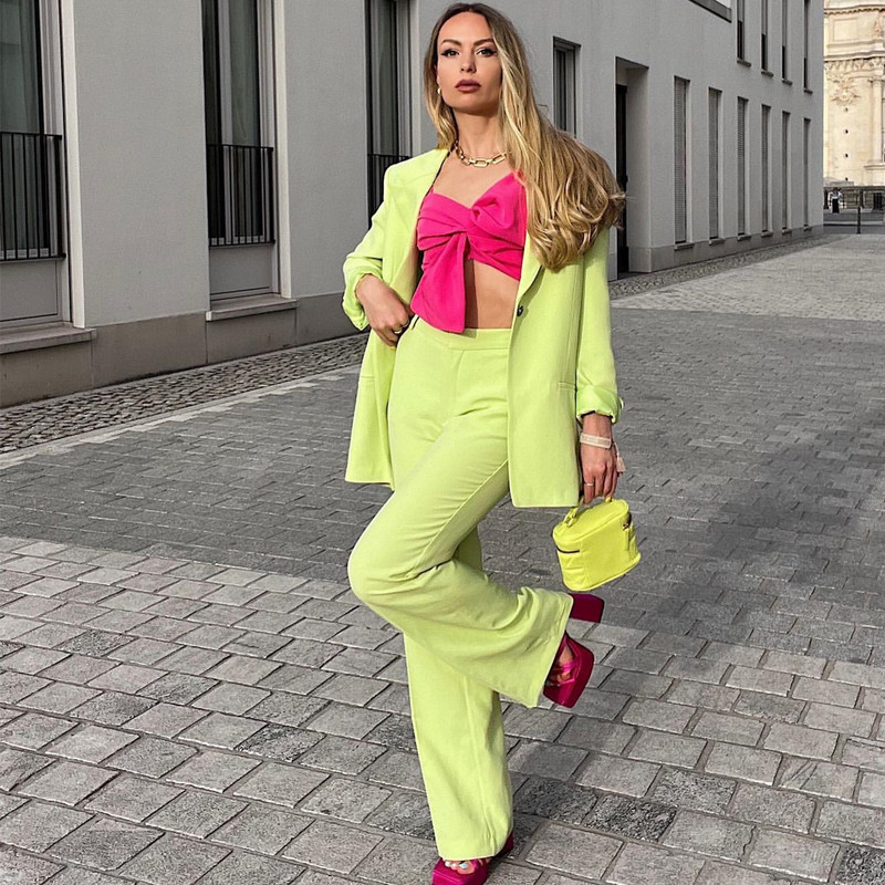 Γυναικείο κομψό ανοιχτό πράσινο φαρδύ κοστούμι blazer 2022 Ανοιξιάτικο κομψό γυναικείο μασίφ ίσιο κοστούμι γυναικείο σετ αγώνων μεγάλου μεγέθους