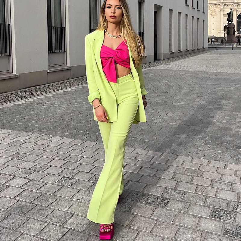Γυναικείο κομψό ανοιχτό πράσινο φαρδύ κοστούμι blazer 2022 Ανοιξιάτικο κομψό γυναικείο μασίφ ίσιο κοστούμι γυναικείο σετ αγώνων μεγάλου μεγέθους