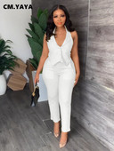 CM.YAYA Set elegant și solid pentru femei, blazer fără mâneci, vestă și pantaloni, trening pentru damă de birou Set două piese ținute fitness