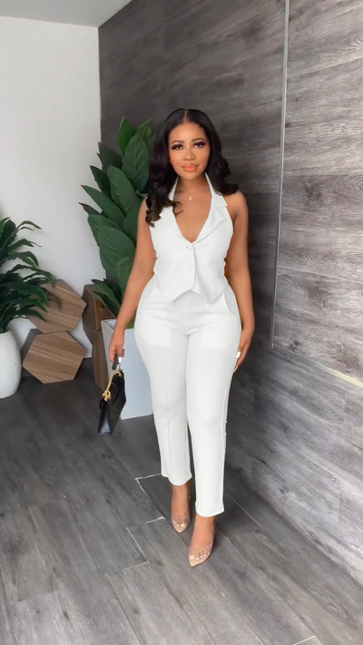 CM.YAYA Set elegant și solid pentru femei, blazer fără mâneci, vestă și pantaloni, trening pentru damă de birou Set două piese ținute fitness