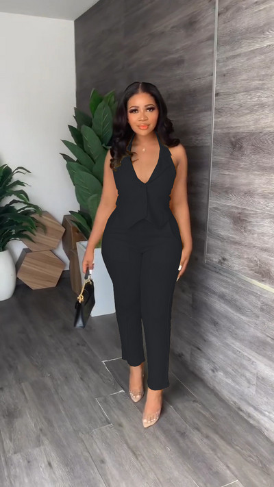CM.YAYA Set elegant și solid pentru femei, blazer fără mâneci, vestă și pantaloni, trening pentru damă de birou Set două piese ținute fitness