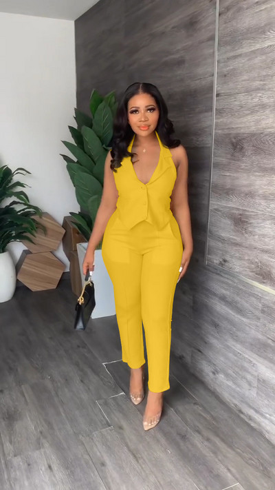 CM.YAYA Set elegant și solid pentru femei, blazer fără mâneci, vestă și pantaloni, trening pentru damă de birou Set două piese ținute fitness