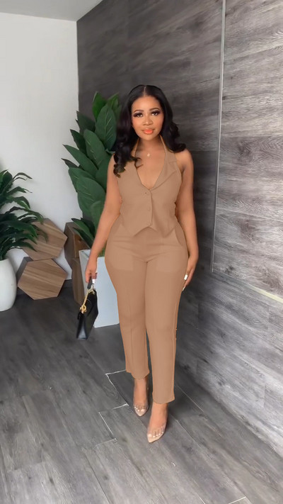 CM.YAYA Set elegant și solid pentru femei, blazer fără mâneci, vestă și pantaloni, trening pentru damă de birou Set două piese ținute fitness