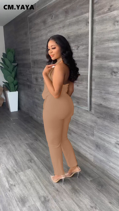 CM.YAYA Set elegant și solid pentru femei, blazer fără mâneci, vestă și pantaloni, trening pentru damă de birou Set două piese ținute fitness