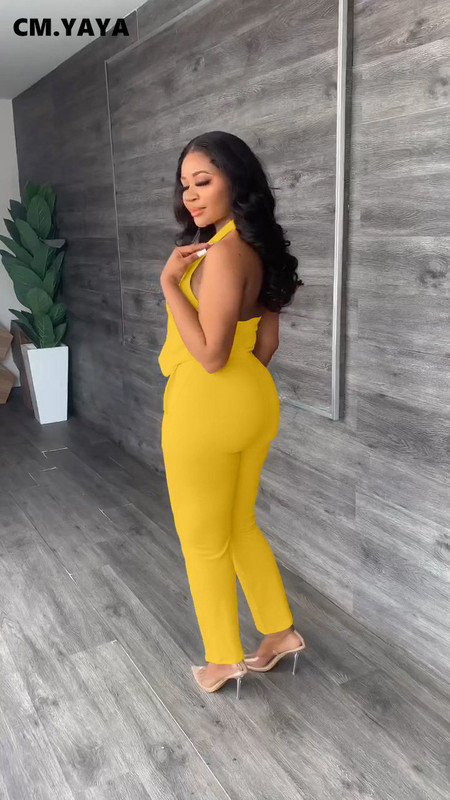 CM.YAYA Set elegant și solid pentru femei, blazer fără mâneci, vestă și pantaloni, trening pentru damă de birou Set două piese ținute fitness