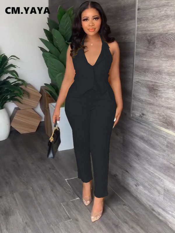 CM.YAYA Set elegant și solid pentru femei, blazer fără mâneci, vestă și pantaloni, trening pentru damă de birou Set două piese ținute fitness