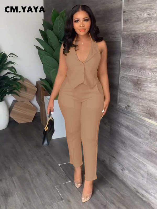 CM.YAYA Set elegant și solid pentru femei, blazer fără mâneci, vestă și pantaloni, trening pentru damă de birou Set două piese ținute fitness