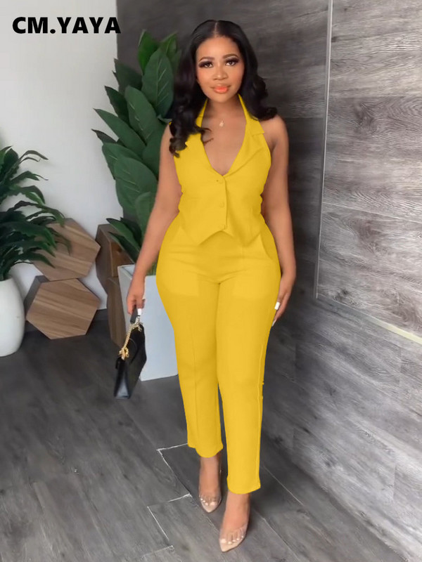 CM.YAYA Set elegant și solid pentru femei, blazer fără mâneci, vestă și pantaloni, trening pentru damă de birou Set două piese ținute fitness