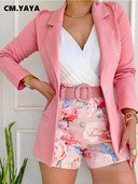 CM.YAYA Κομψή γυναικεία ροζ μπλέιζερ κοστούμι και φλοράλ με σορτς με ζώνη Μόδα Vintage Φόρμα δύο 2 τεμαχίων σετ
