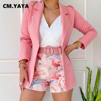 CM.YAYA Κομψή γυναικεία ροζ μπλέιζερ κοστούμι και φλοράλ με σορτς με ζώνη Μόδα Vintage Φόρμα δύο 2 τεμαχίων σετ