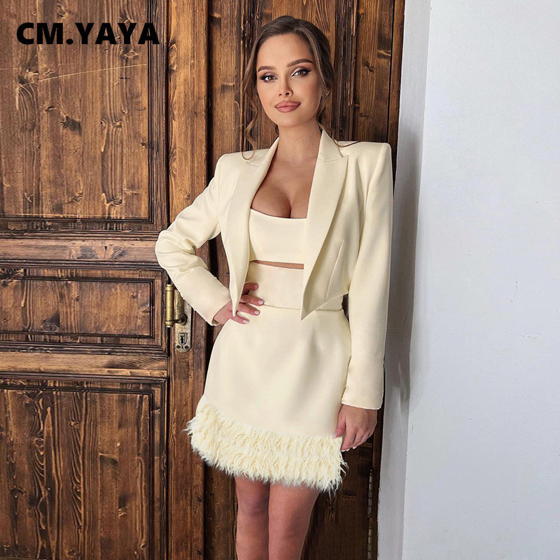 CM.YAYA Blazer elegant pentru femei cu mânecă lungă, cusătură deschisă, cu decolteu crestat și costum de fustă midi păroasă INS Chic Set 2 piese ținute