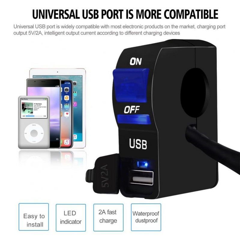 LED-indikaator Mootorratta juhtraua kinnitus USB-porti telefonilaadija koos lülitiga Lihtne paigaldada Mootorratta tarvikud Varuosad