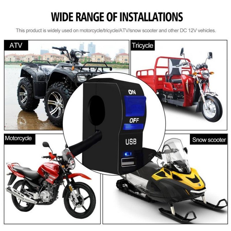 LED-indikaator Mootorratta juhtraua kinnitus USB-porti telefonilaadija koos lülitiga Lihtne paigaldada Mootorratta tarvikud Varuosad
