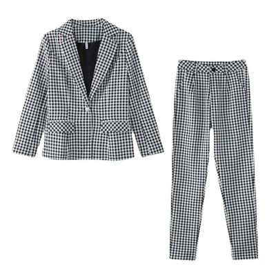 Fashion Blazer Γυναικείο μπλέιζερ δύο κομματιών καρό με ένα κουμπί και παντελόνι Κοστούμι 2 τεμαχίων