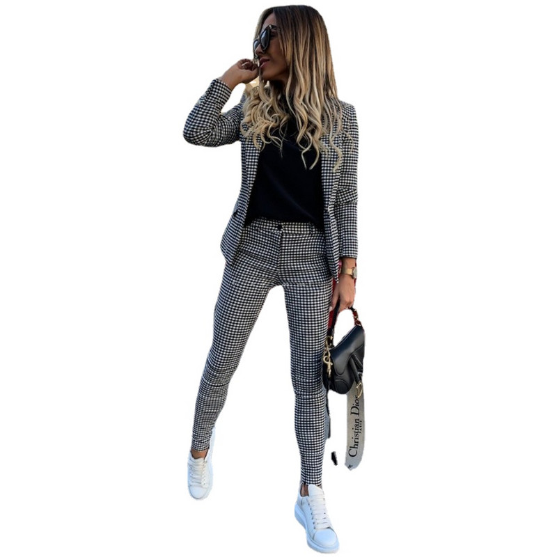 Fashion Blazer Γυναικείο μπλέιζερ δύο κομματιών καρό με ένα κουμπί και παντελόνι Κοστούμι 2 τεμαχίων