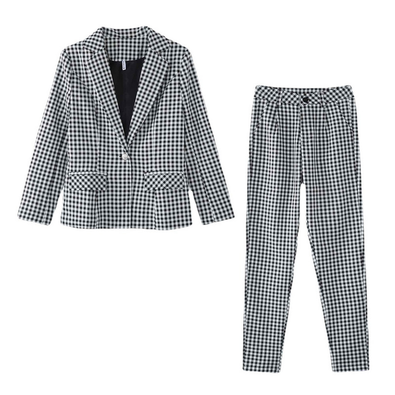 Fashion Blazer Γυναικείο μπλέιζερ δύο κομματιών καρό με ένα κουμπί και παντελόνι Κοστούμι 2 τεμαχίων