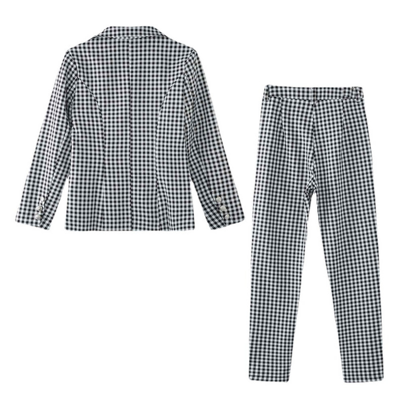 Fashion Blazer Γυναικείο μπλέιζερ δύο κομματιών καρό με ένα κουμπί και παντελόνι Κοστούμι 2 τεμαχίων