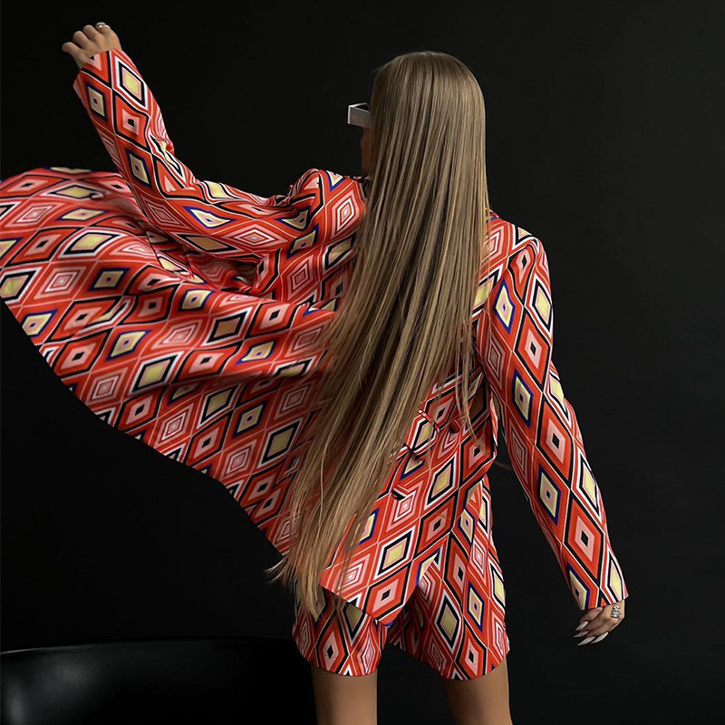 CM.YAYA Rhombus Geometric Streetwear Set Femei Blazer cu mânecă lungă Pantaloni scurți largi Costum Office Lady Trening Set Două Piese Tinuta