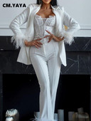 CM.YAYA Vintage γυναικεία φόρμα παντελόνι με πούπουλα και μακρυμάνικο μπλέιζερ με πούπουλο στρίφωμα OL Street INS Δύο 2 τεμαχίων σετ αθλητική φόρμα