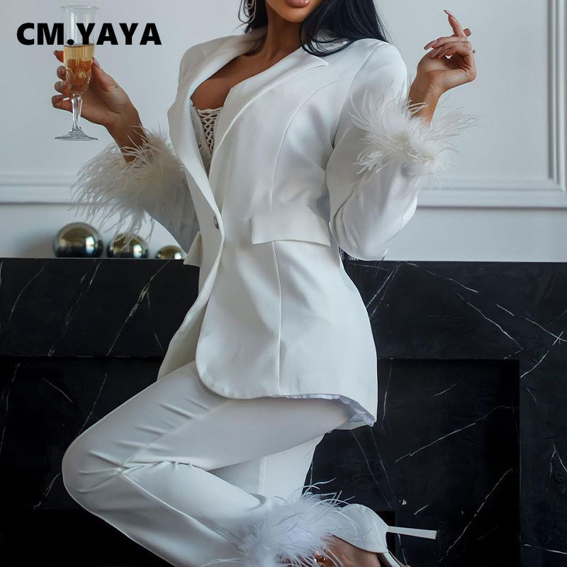 CM.YAYA Vintage γυναικεία φόρμα παντελόνι με πούπουλα και μακρυμάνικο μπλέιζερ με πούπουλο στρίφωμα OL Street INS Δύο 2 τεμαχίων σετ αθλητική φόρμα