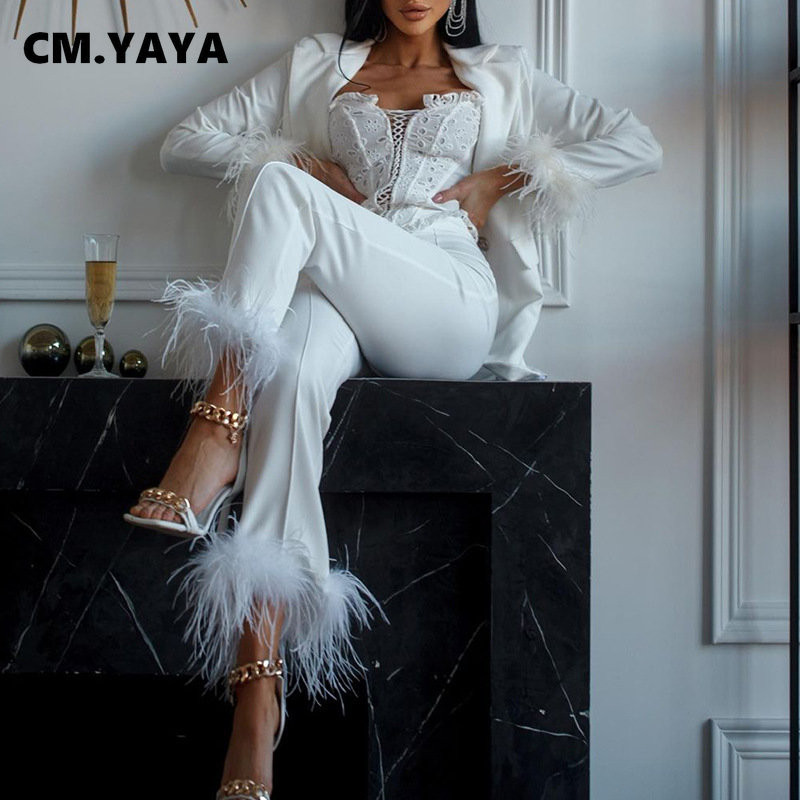 CM.YAYA Vintage γυναικεία φόρμα παντελόνι με πούπουλα και μακρυμάνικο μπλέιζερ με πούπουλο στρίφωμα OL Street INS Δύο 2 τεμαχίων σετ αθλητική φόρμα