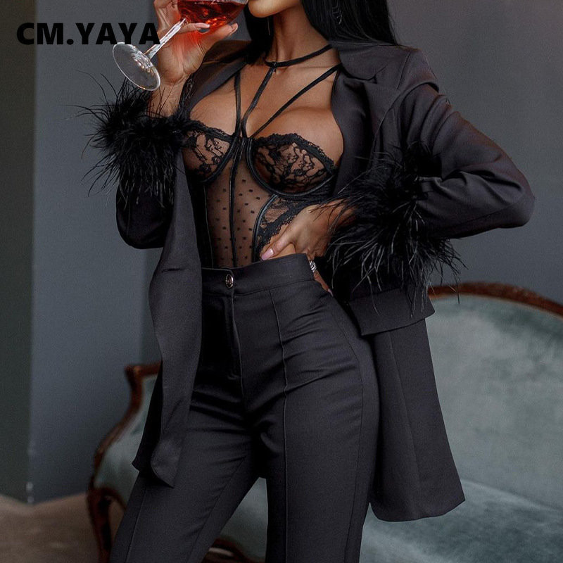 CM.YAYA Vintage γυναικεία φόρμα παντελόνι με πούπουλα και μακρυμάνικο μπλέιζερ με πούπουλο στρίφωμα OL Street INS Δύο 2 τεμαχίων σετ αθλητική φόρμα