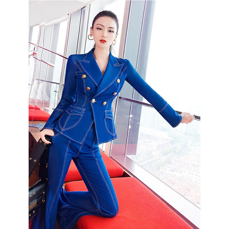 Costum cu pantaloni pentru femei, noua moda de primavara toamna, cu talie elastica intreaga, cu pantaloni dublu, costum pentru femei, set de blazer pentru dama de birou, simplu