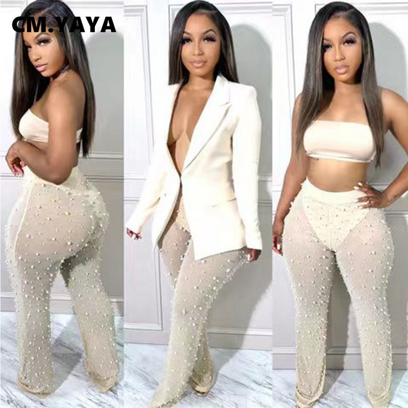 CM.YAYA Set de asortare pentru femei elegante, plasă cu margele, costum pantaloni și blazer cu mâneci lungi, trening, două, 2 piese, ținute