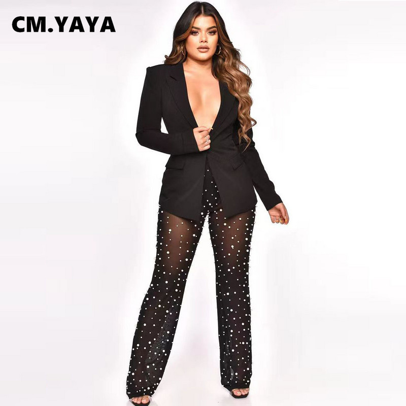CM.YAYA Set de asortare pentru femei elegante, plasă cu margele, costum pantaloni și blazer cu mâneci lungi, trening, două, 2 piese, ținute