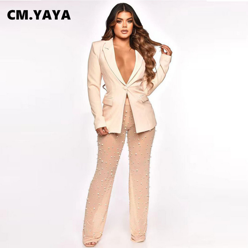 CM.YAYA Set de asortare pentru femei elegante, plasă cu margele, costum pantaloni și blazer cu mâneci lungi, trening, două, 2 piese, ținute