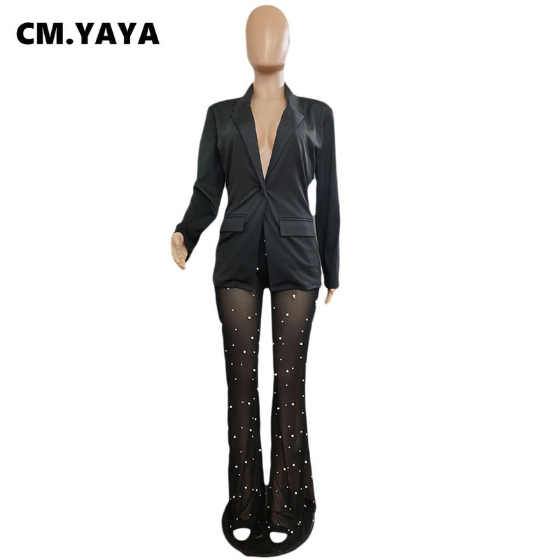 CM.YAYA Set de asortare pentru femei elegante, plasă cu margele, costum pantaloni și blazer cu mâneci lungi, trening, două, 2 piese, ținute