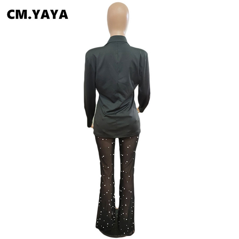 CM.YAYA Set de asortare pentru femei elegante, plasă cu margele, costum pantaloni și blazer cu mâneci lungi, trening, două, 2 piese, ținute