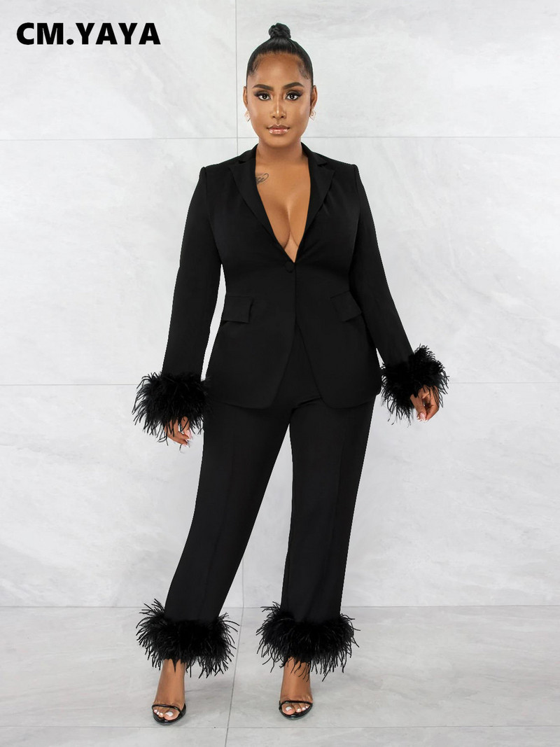 CM.YAYA Costum blazer cu îmblănire cu tiv de blană pentru femei, toamnă iarnă, pantaloni drepti, care se potrivesc două set 2 piese ținută Streetwear trening