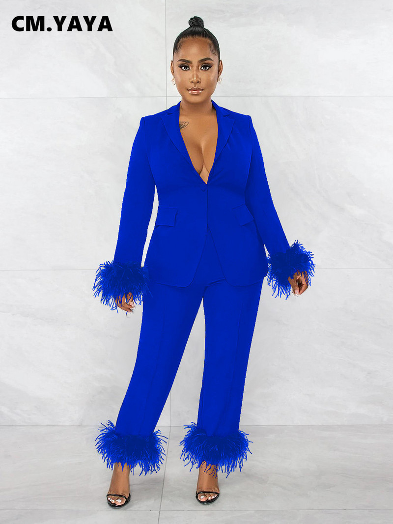 CM.YAYA Costum blazer cu îmblănire cu tiv de blană pentru femei, toamnă iarnă, pantaloni drepti, care se potrivesc două set 2 piese ținută Streetwear trening
