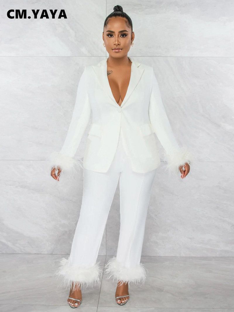 CM.YAYA Costum blazer cu îmblănire cu tiv de blană pentru femei, toamnă iarnă, pantaloni drepti, care se potrivesc două set 2 piese ținută Streetwear trening