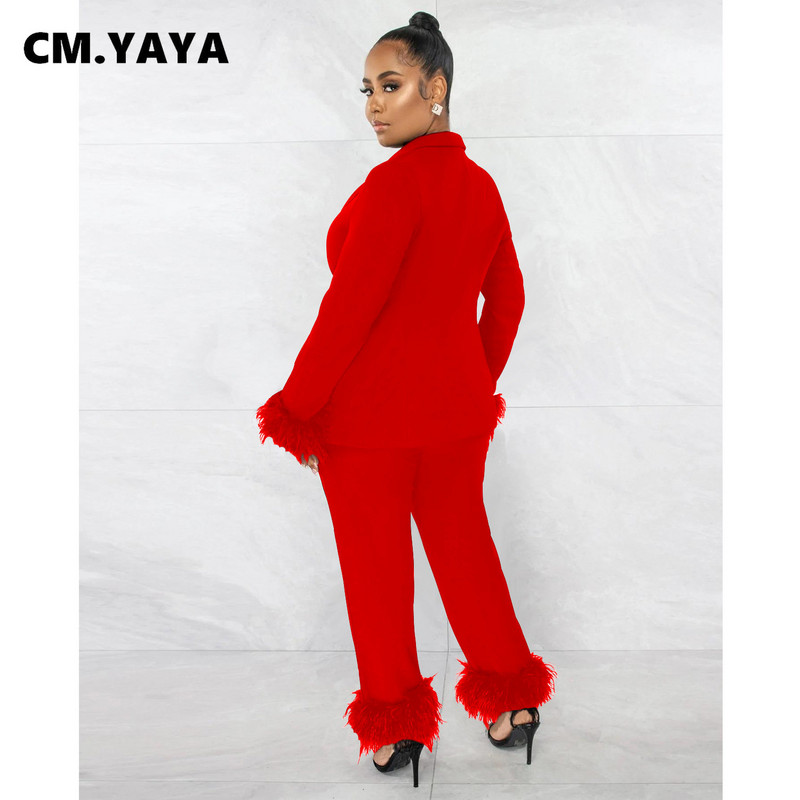 CM.YAYA Costum blazer cu îmblănire cu tiv de blană pentru femei, toamnă iarnă, pantaloni drepti, care se potrivesc două set 2 piese ținută Streetwear trening