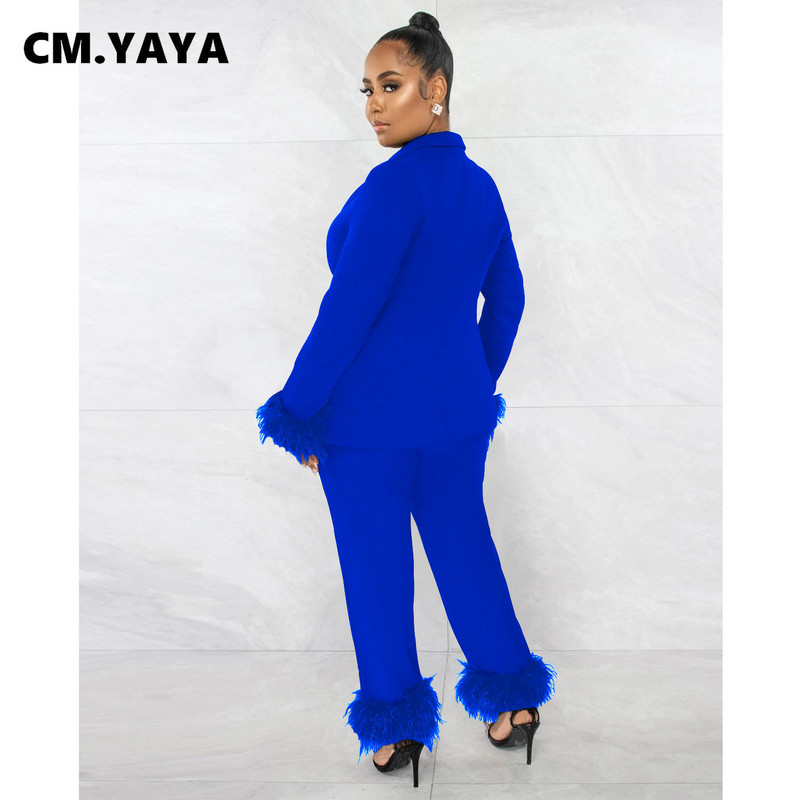 CM.YAYA Costum blazer cu îmblănire cu tiv de blană pentru femei, toamnă iarnă, pantaloni drepti, care se potrivesc două set 2 piese ținută Streetwear trening