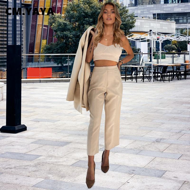 CM.YAYA Pantaloni pentru femei Costume pline cu mâneci întregi Blazere lungi crestate Pantaloni drepți Două seturi 2 piese Ținută pentru damă de birou toamna 2021