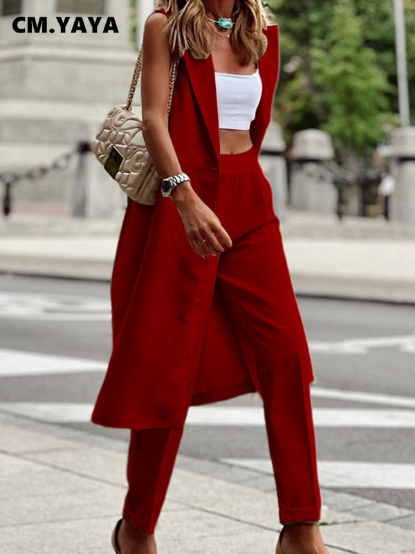 CM.YAYA Costum blazer lung cu un buton, elegant, fără mâneci, pentru femei, toamnă, iarnă, pantaloni creion, set 2 piese, ținute, trening