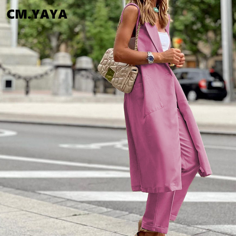 CM.YAYA Costum blazer lung cu un buton, elegant, fără mâneci, pentru femei, toamnă, iarnă, pantaloni creion, set 2 piese, ținute, trening