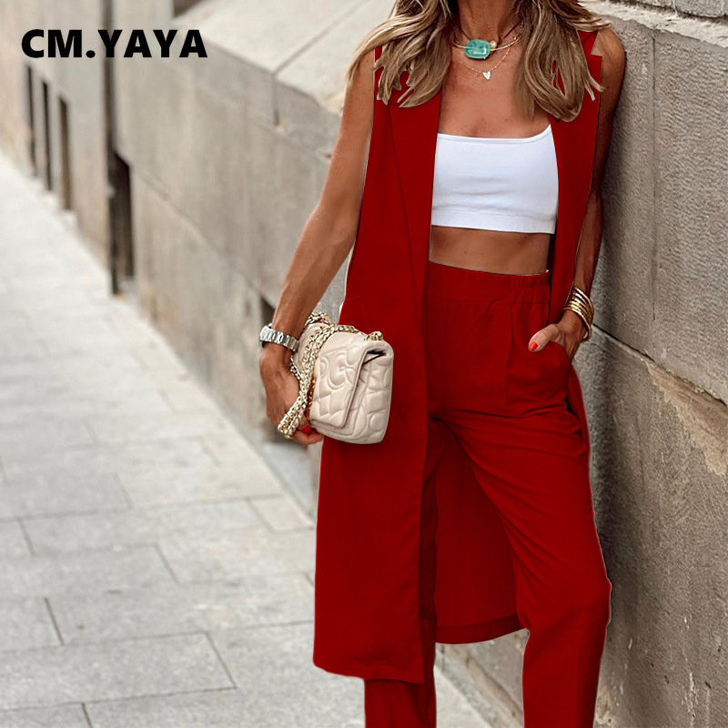 CM.YAYA Costum blazer lung cu un buton, elegant, fără mâneci, pentru femei, toamnă, iarnă, pantaloni creion, set 2 piese, ținute, trening