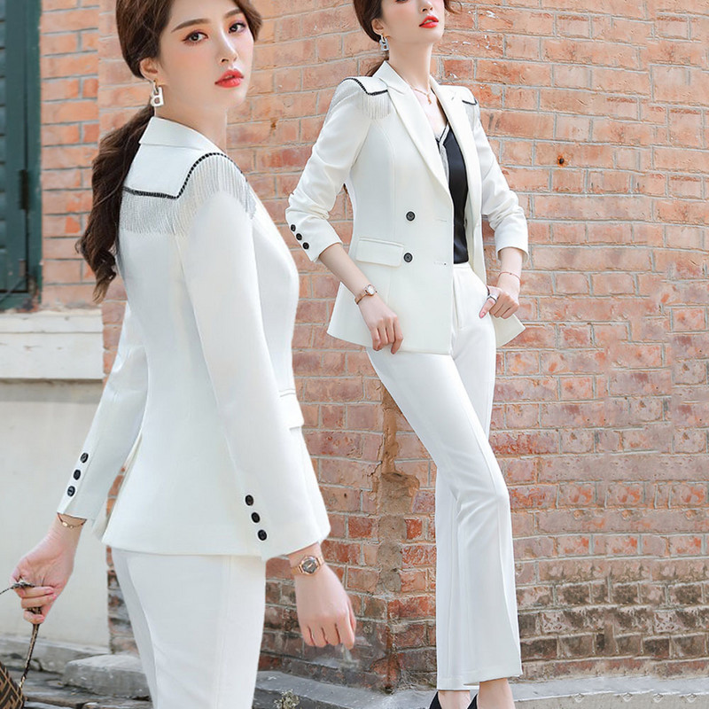 Επίσημο Λευκό Παντελόνι Plus Size 5XL με παντελόνι και μπλέιζερ παλτό για γυναίκες Φθινοπωρινό χειμερινό επαγγελματικό κοστούμι