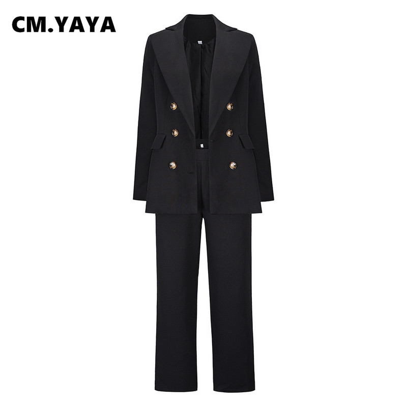CM.YAYA Toamnă Iarnă Clasic Set de bază pentru femei Blazer cu mâneci lungi Costum pantaloni Office Lady Trening Set două piese ținută fitness