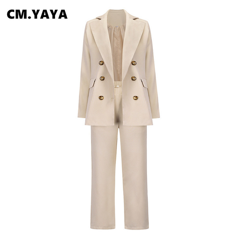 CM.YAYA Toamnă Iarnă Clasic Set de bază pentru femei Blazer cu mâneci lungi Costum pantaloni Office Lady Trening Set două piese ținută fitness
